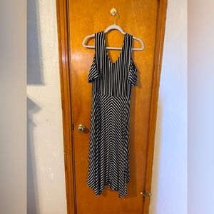 Lane Bryant Black and White Striped Cold-Shoulder Midi Dress